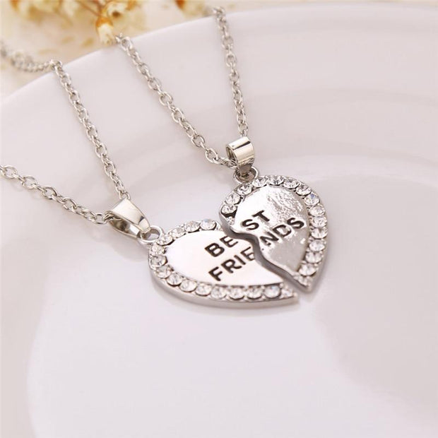 2 Pcs BFF Necklace Women Crystal Heart Pendant Best Friend Letter Necklace