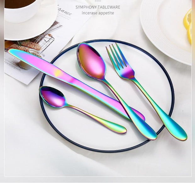 2018 Multi-Colors Rainbow Cutlery Set Dinnerware Set Black Cutlery Kit Fork Knife Stainless Steel Silverware Home Tableware Set